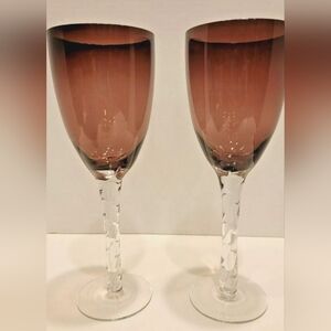 2 Crystal Goblets Amethyst Purple w/ Twisted Clear Stem 9" Handblown Pre-owned